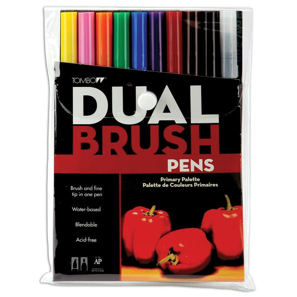 Dual Brush Pen Art Markers, Primary, 10-Pack by Tombow